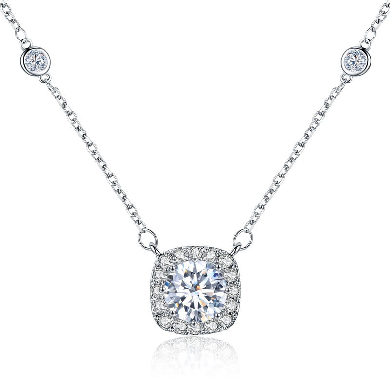 SBLING Platinum Plated Cubic Zirconia Cushion Shape Halo Pendant Necklace - Image 1